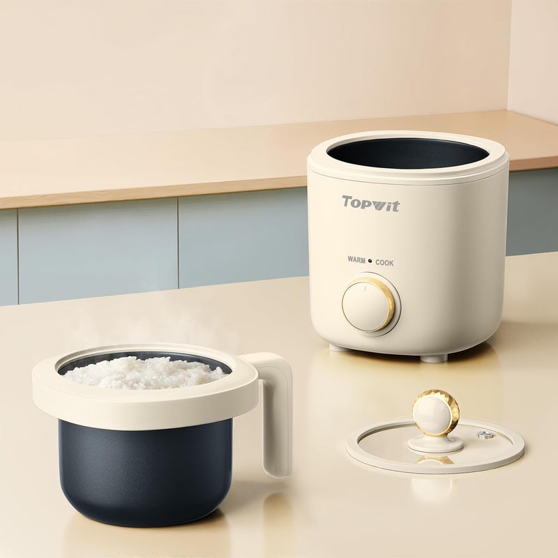 TopWit Rice Cooker Small, Mini Rice Cooker 2 Cups Uncooked, 1.2L Portable Rice Maker with Non-stick Coating, BPA Free, One Touch & Keep Warm Function, Beige - Image 1